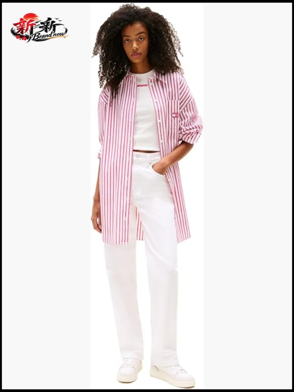 Striped Shirt Dress with Flag Logo - Oversized Long Sleeve Cotton